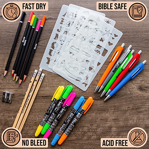 Image of BLIEVE - Bible Journaling Kit With Gel Highlighters And Pens No Bleed, Scripture Markers and Pencils Supplies, Stencils Planner Set For Coloring Journal Art Illustrated By Faith Christian Gifts 24pcs