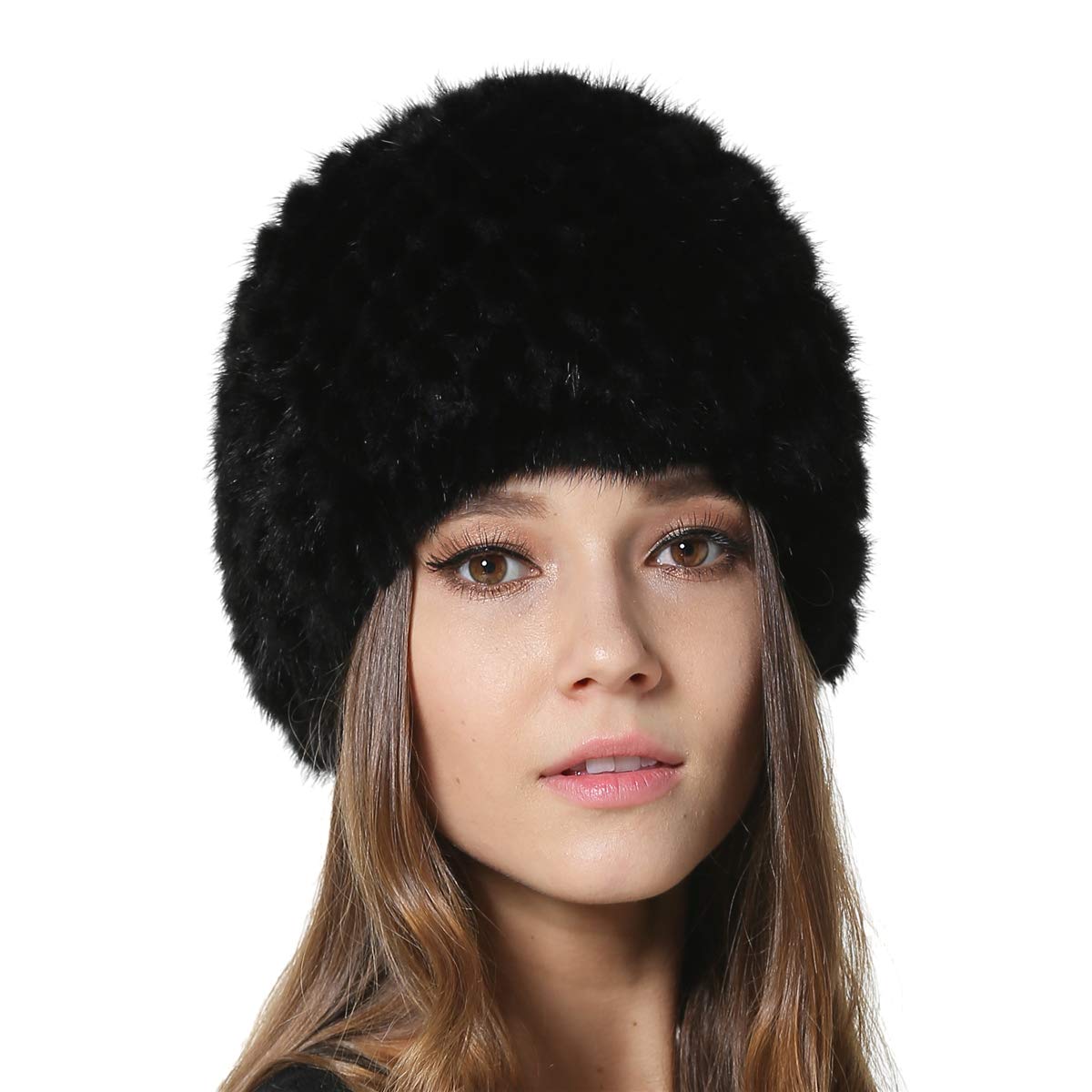 KAISHIN Cappelli di Pelliccia di Visone Invernale per Donna Cappelli di Vera Pelliccia a Maglia con Fodera a Maglia