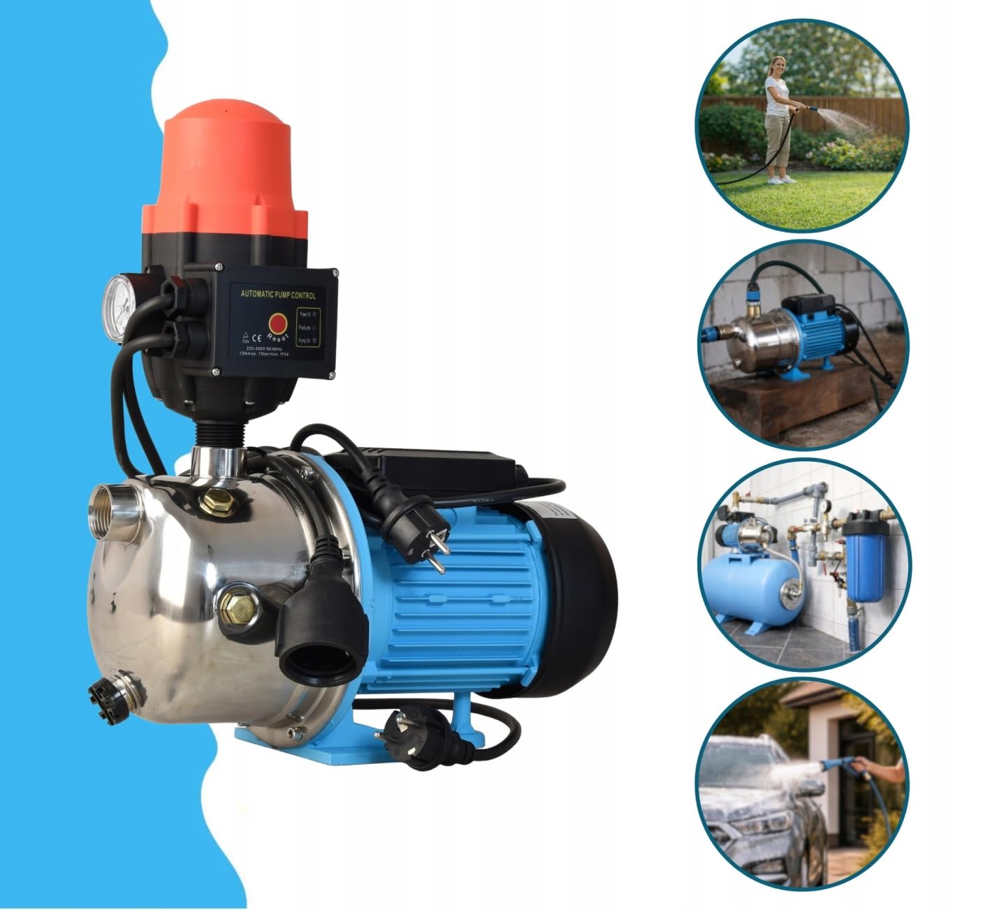 Pompe à Eau JX 1100 avec Pressostat CSK 21 - Pompe d’arrosage INOX (1100 W, 3600 l/h, hauteur de Refoulement 50 m) - Commande de Pompe - Marche/Arrêt automatiques - Protection Fonctionnement à Sec