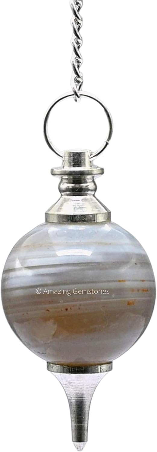 Lace Agate Crystal Ball Pendulum for Divination – Dowsing Pendulum Necklace with Chain and Quartz Bead for Reiki Healing and Crystal Grid Meditation