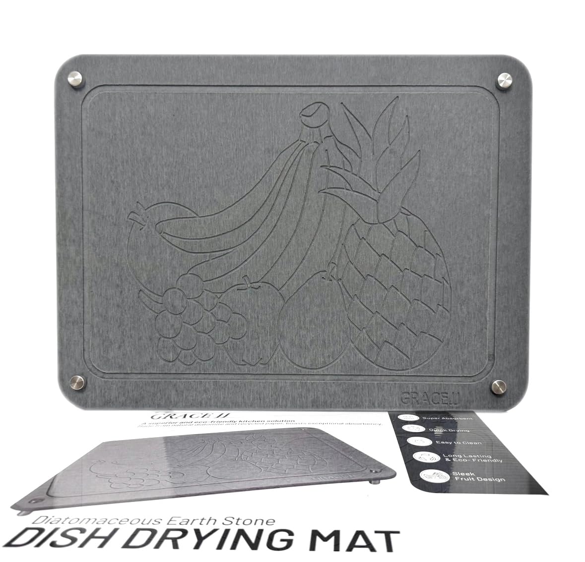 Stone Dish Drying Mat for Kitchen Counter, Absorbent Quick Drying with Non-Slip Feet - Heat Resistant ( 15.7 x 11.8 ) Diatomaceous Earth - Dark Gray