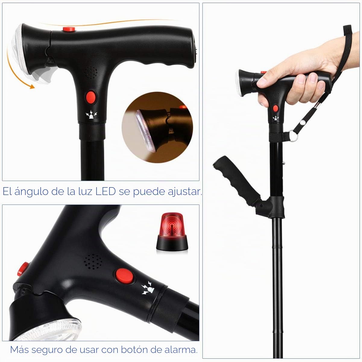 HEMOTON Bastón Plegable Telescópico con Luz Led Ajustable Y Alarma Base Antideslizante De 4 Pies Giratoria 360° Apoyabrazos para Mayor Seguridad En Movilidad