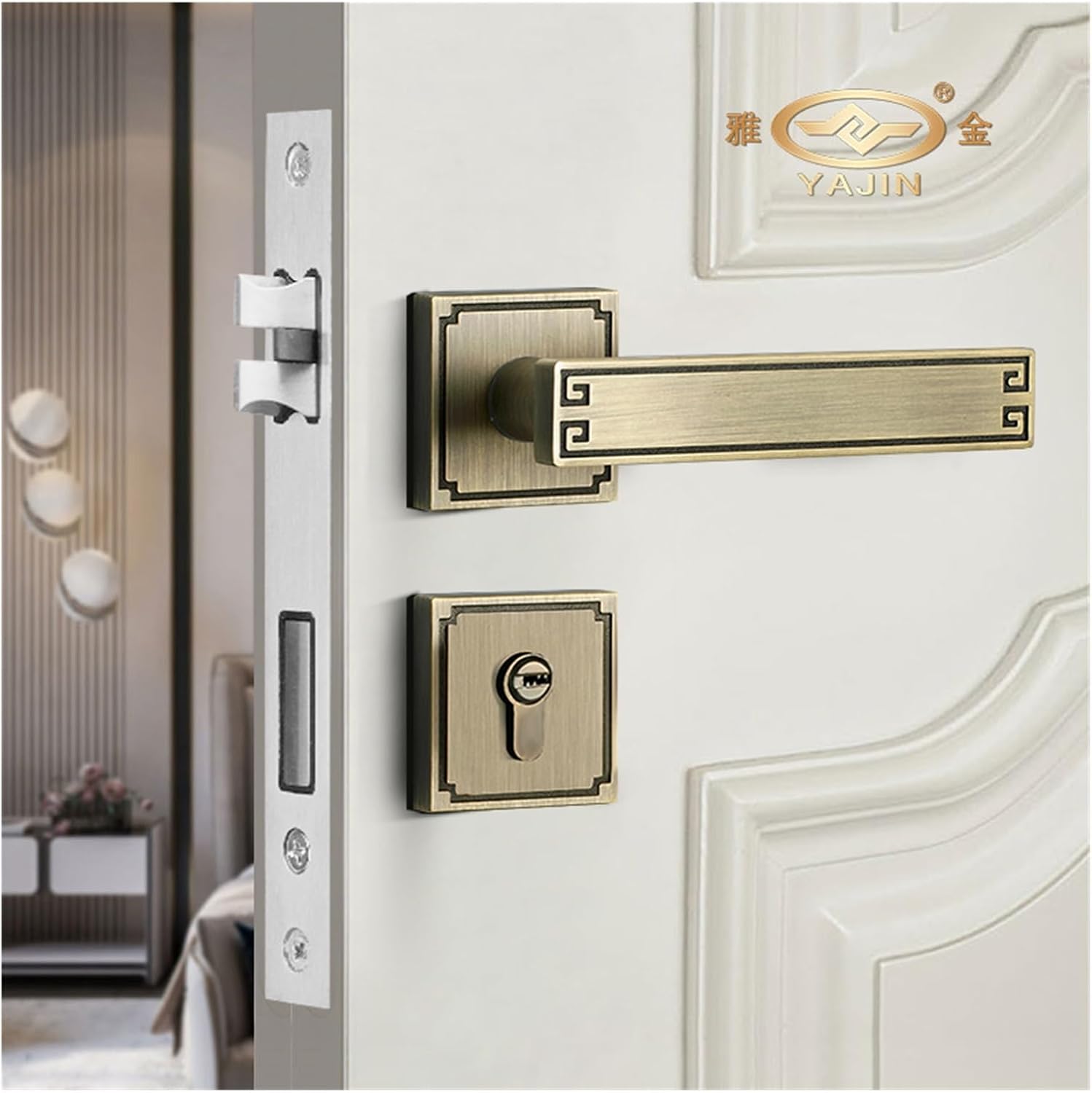 Interior Door Lock Chinese Style Bedroom Room Black zinc Alloy Solid Handle Copper core Handle Lock Silent Door Lock(Bronze A Split Lock)