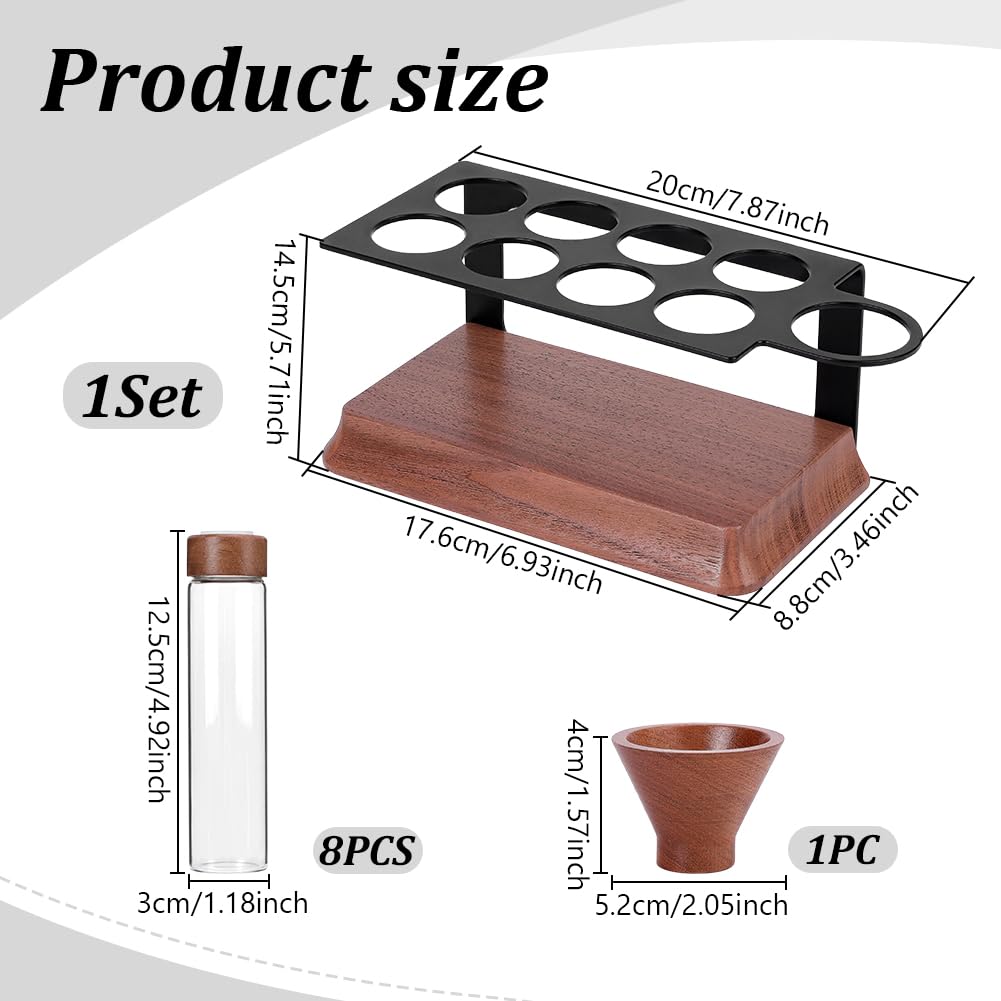 UNICRAFTALE 8 Stück 2oz Kaffeebohnen Röhrchen Einzeldosis Kaffee Lagerung mit Einwegventil Eisen Gestell Holz Ständer Trichter Sienna Arbeitsplatten Organizer für Kaffeeliebhaber 17.6x8.8x14.5cm