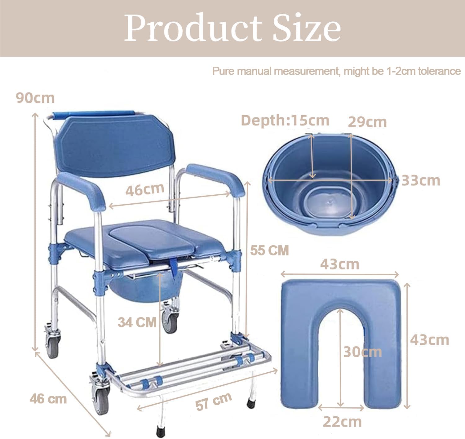 Duschstuhl mit Rollen,Toilettenstuhl für Senioren,Rollstuhl mit Duschsitz Wasserdichtes Stuhl Kommode Tragfähigkeit 150kg für Patienten Senioren Behinderte Schwangere