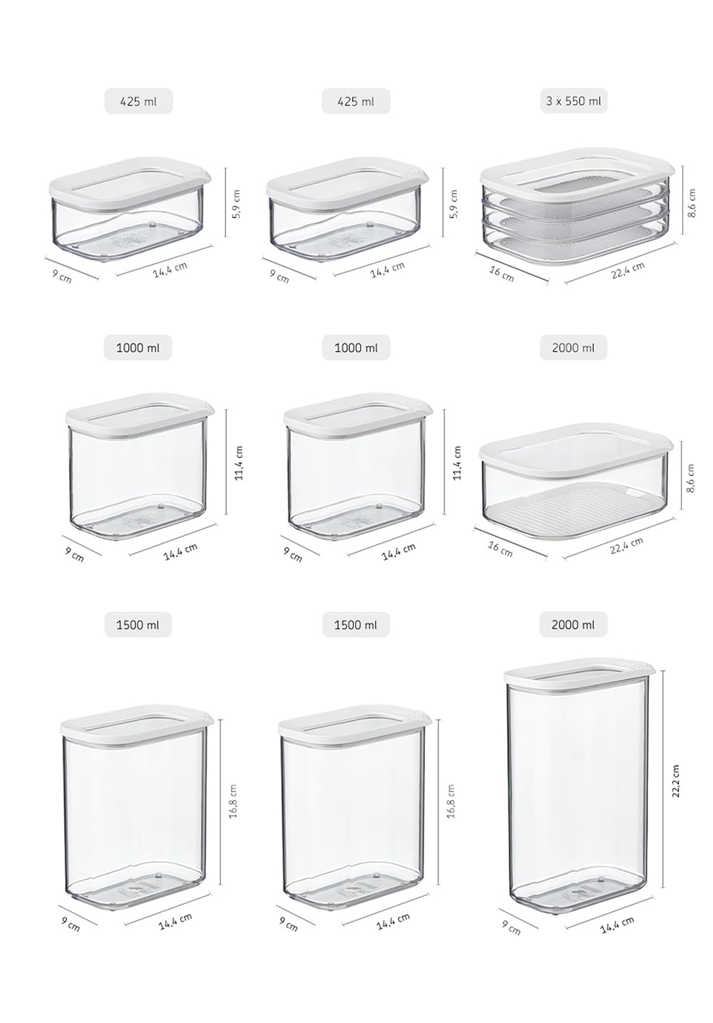 Mepal - Recipientes para Alimentos Modula Juego de 9 Piezas - Comida con Tapa - Organizadores de Cocina y Cajas Herméticos - Caja de queso y de 3 piezas, 1x 2000, 2x 1500, 2x 1000 y 2x 425 ml - White