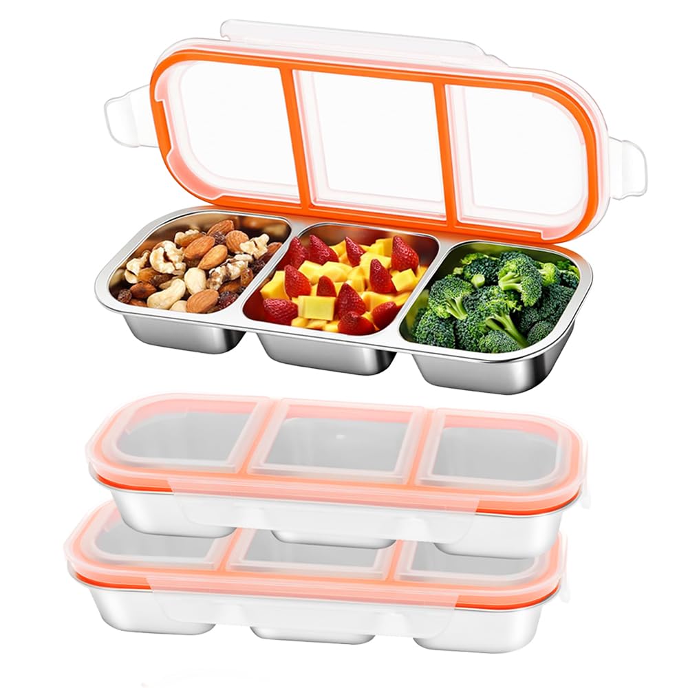 Set of 3 Pack Stainless Steel Snack Container,3 Compartment Bento Lunch Box with Leakproof Grey & Orange Lid,Reusable Metal Food Storage Container,Portable Snack Box for Work,1.5 lb Capacity