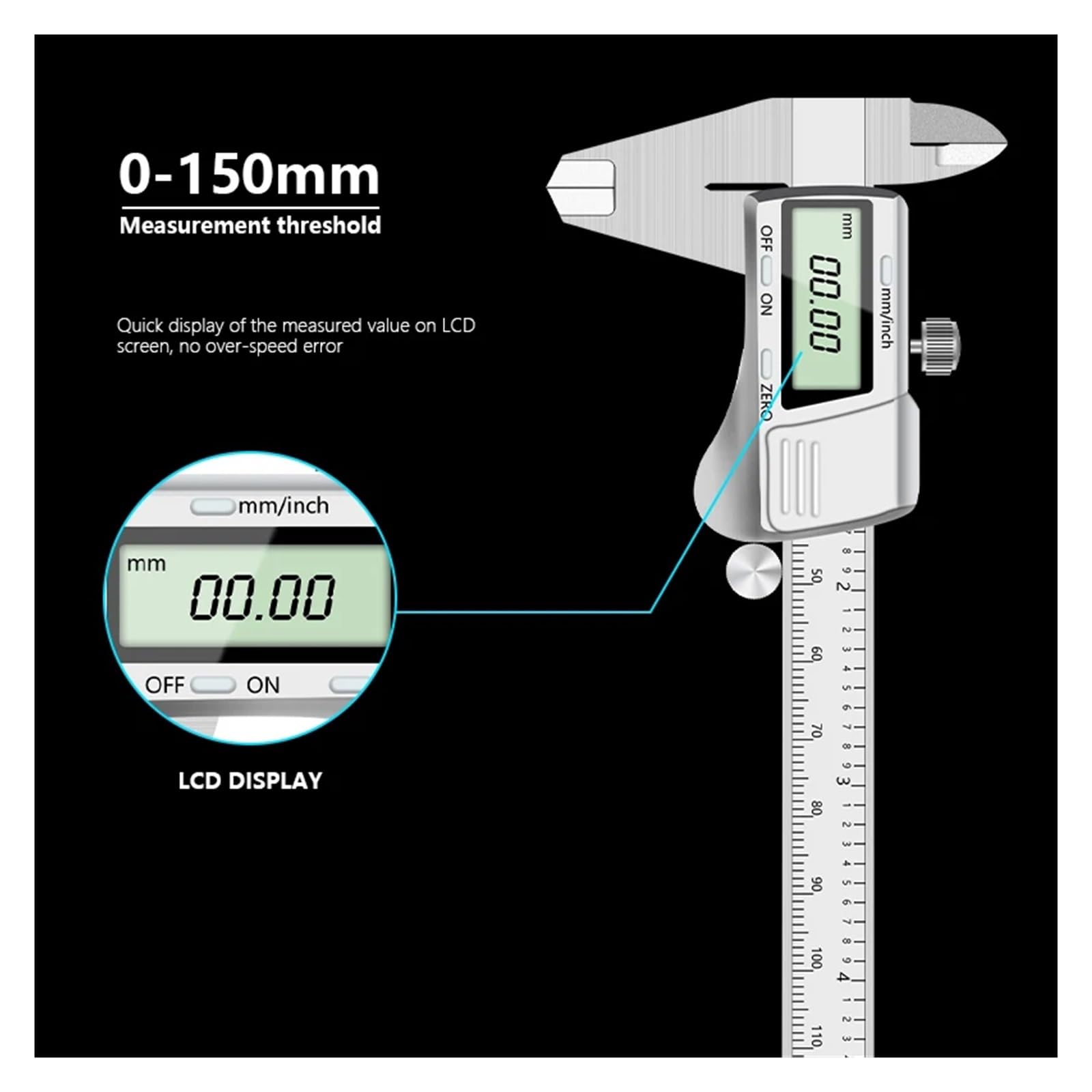 Suwmiarki z noniuszem Cyfrowy wyświetlacz Suwmiarki ze stali nierdzewnej 0-150 mm LCD Elektroniczna suwmiarka z noniuszem Metalowy mikrometr pomiarowy