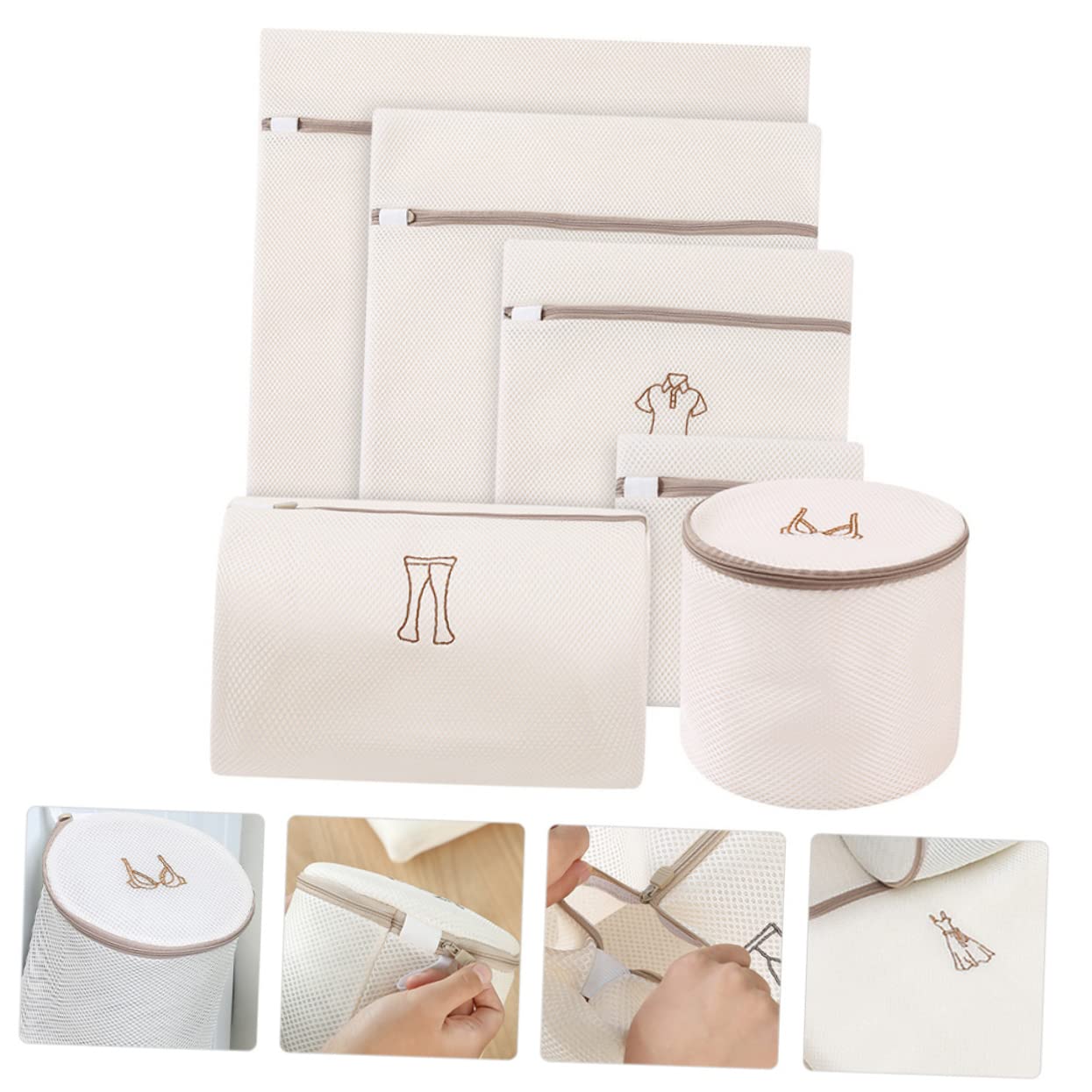 Bolsa de Lavado de Malla de Poliéster Beige Cierre, Juego de 6 Piezas para Proteger Ropa Interior y Evitar Enredos y Daños Lavadora