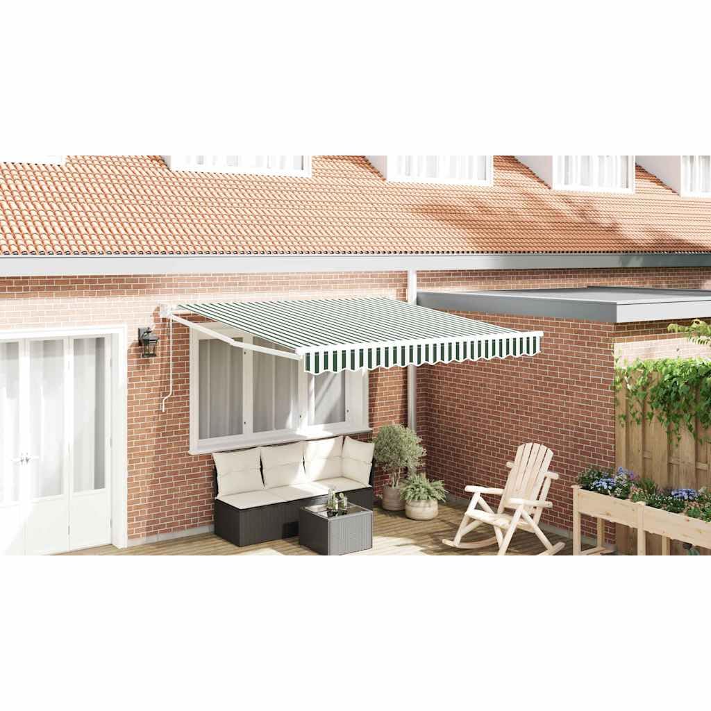 Toldo extensible con brazo articulado verde y blanco, 350 x 250 cm, poliéster 270 GSM, resistente a los rayos UV, impermeable, resistente a la intemperie, con manivela y mando a distancia