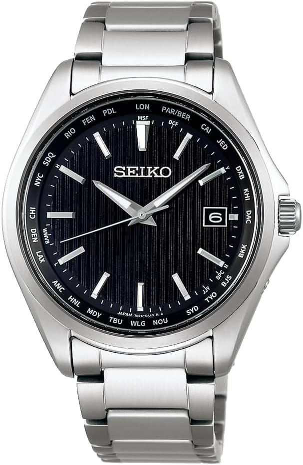 Watch, Men's Titanium Solar Radio Wave Watch with World Time Function, silver/black, 1 piece