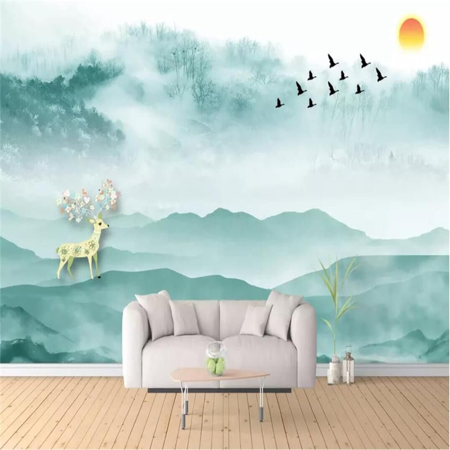 Papier peint 3D paysage alpin encre grand format effet profondeur pour mur de bureau