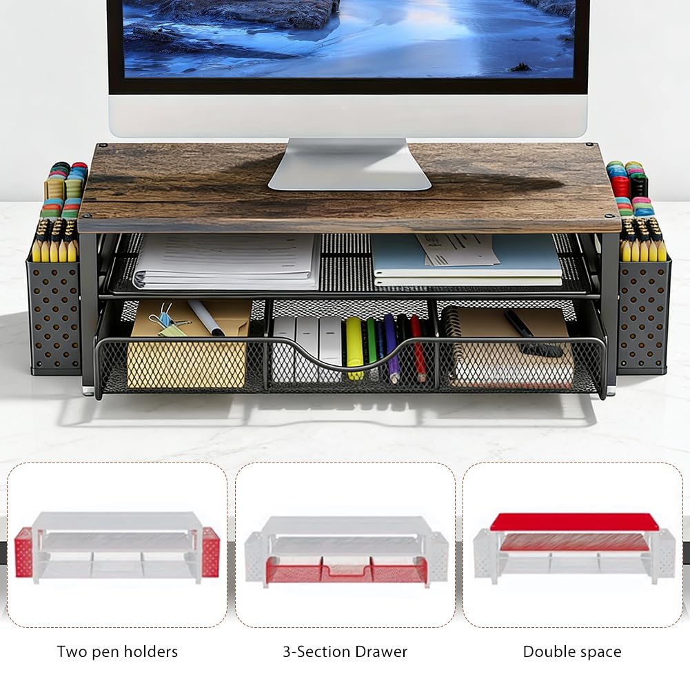 Stojak na monitor z szufladą, organizer na biurko do monitora i laptopa, ergonomiczne podwyższenie monitora jako akcesoria na biurko i gadżety (czarny)