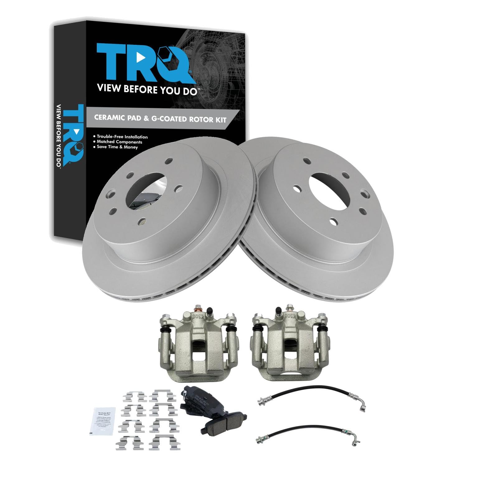 TRQ Rear Brake Pad and Rotor Set Ceramic G Coated Rotors Calipers Compatible with 2003-2005 Infiniti G35 350Z