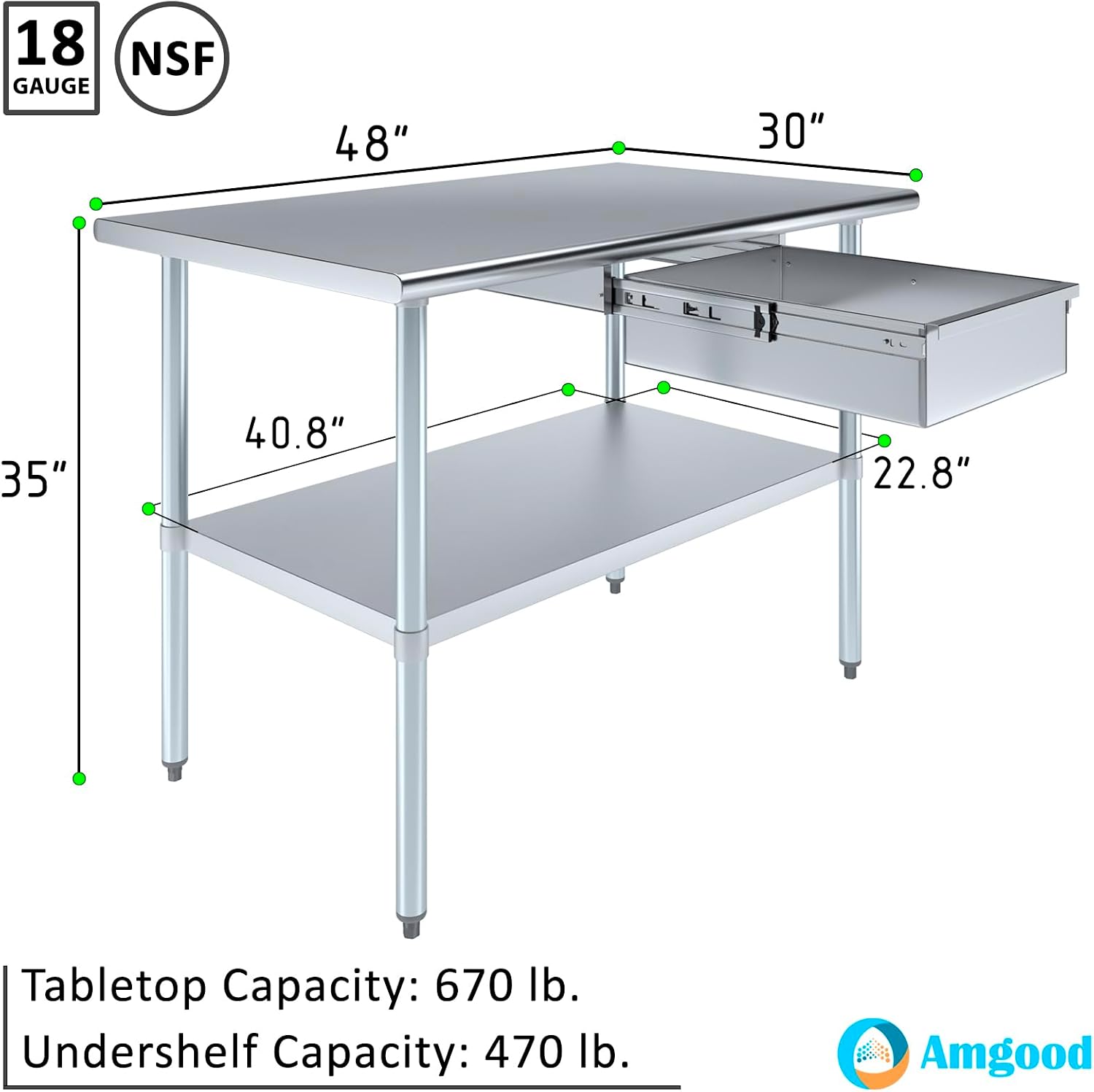 AmGood Stainless Steel Table with Drawer | Commercial & Residential Kitchen Laundry Garage Utility Bench | NSF Metal Prep Table (Stainless Steel Table + Drawer, 48" Long x 30" Deep)