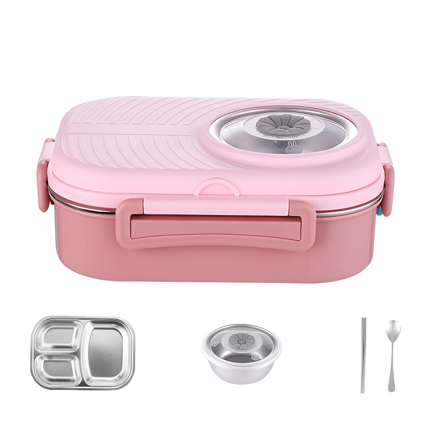 1100ml/38.7Oz Stainless Steel Lunch Container with Compartments, Salad Food Storage Box for Hot Food, Meal Prep Container with Cutlery & Thermos Insulated Design (Pink)