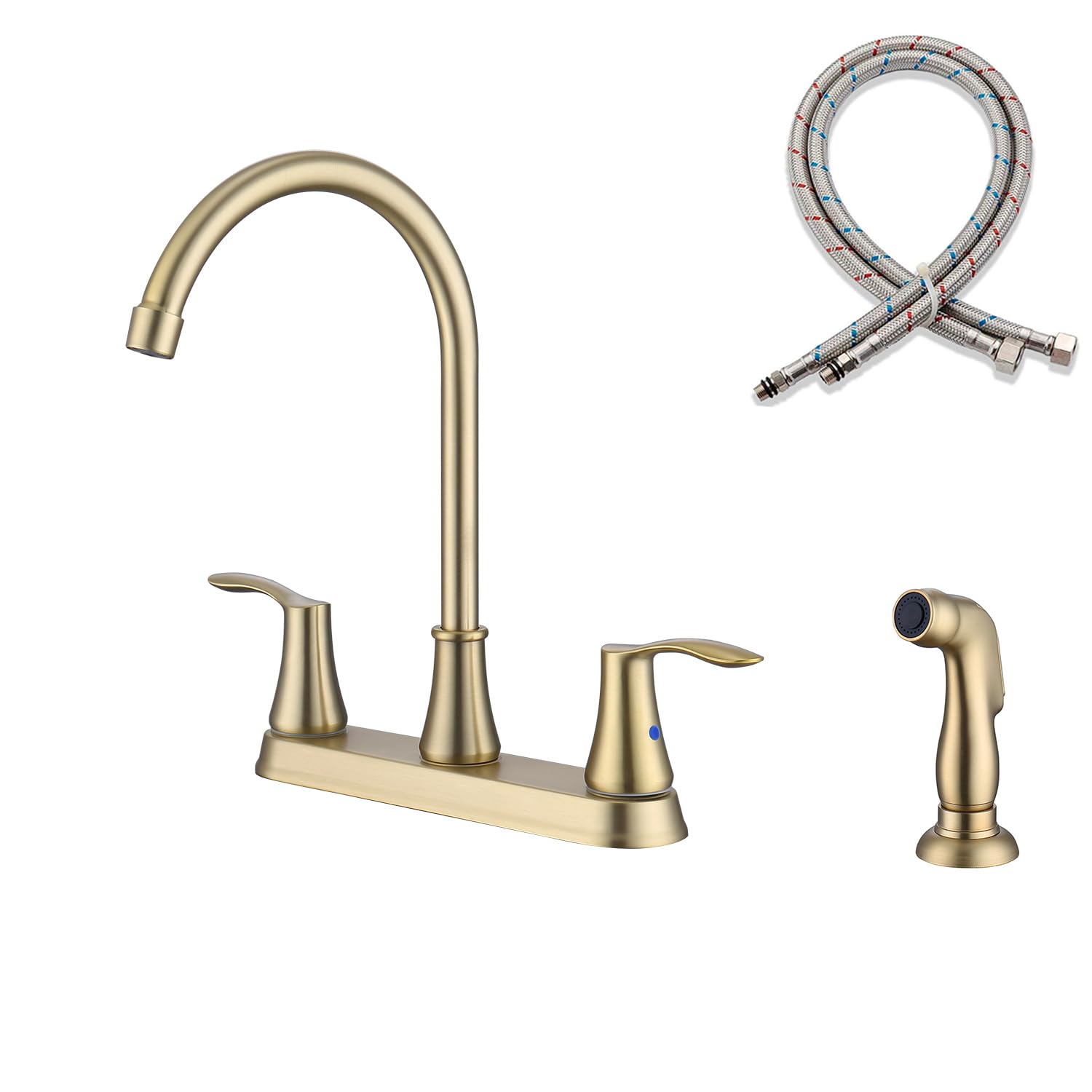 Delle Rosa Kitchen Faucet with Side Sprayer, Two Handle High Arc 4 Holes 8 Inch Centerset Stainless Steel Kitchen Sink Faucet with Pull Out Sprayer, Brushed Gold Kitchen Faucet