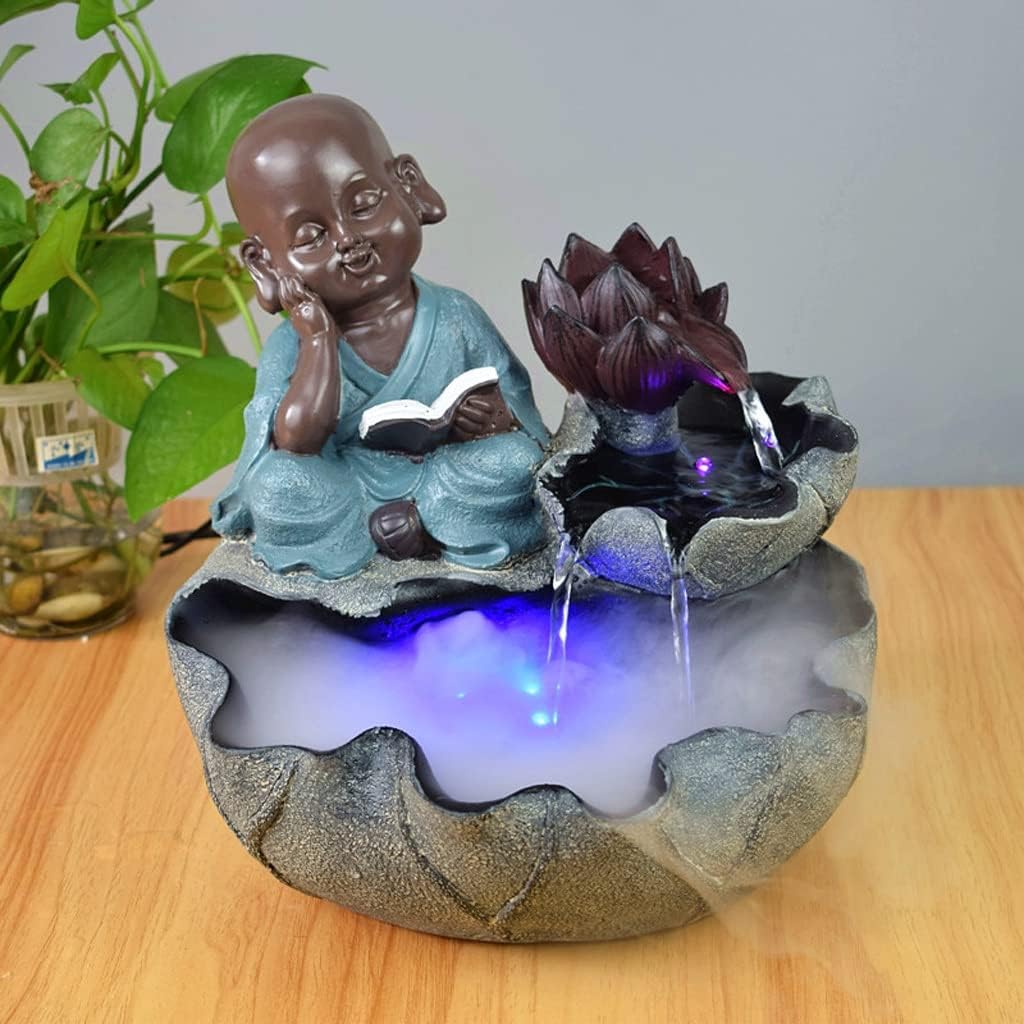 Indoor Fountain Desktop Fountain Little Monk Zen Atomization Fountains Office Desk Lucky Flowing Water Fountain Indoor Resin Tabletop Fountains Meditation Fountain