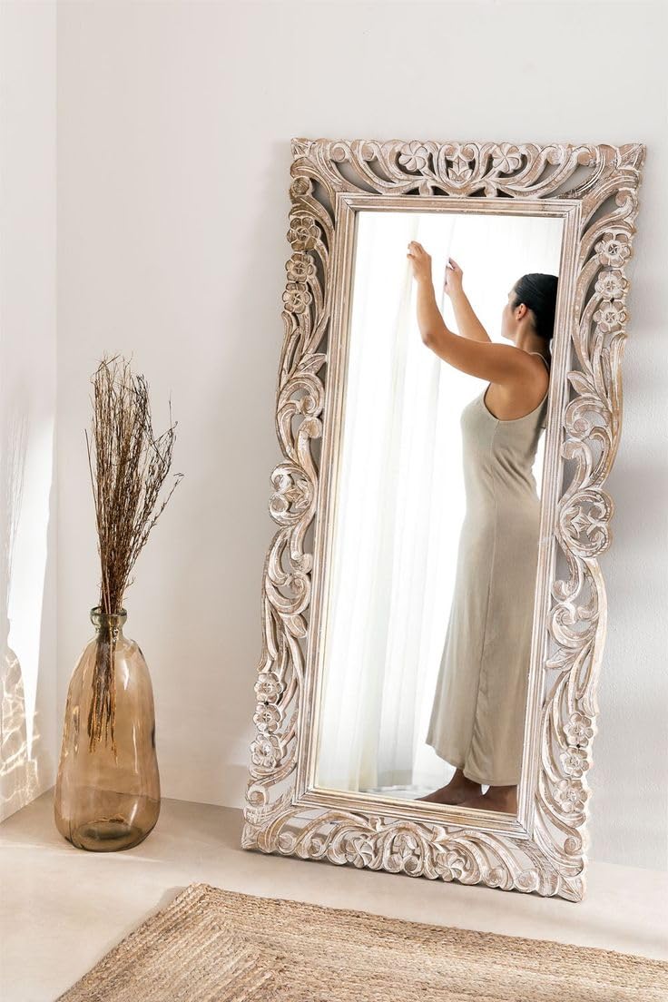 HandCarved Ornate Wooden Floor Mirror Frame | Antique Floral Design Premium Vintage Style Handcrafted Full Length Mirror Frame Luxury Wall Decor Large Decorative Floor Mirror (White)-image-22