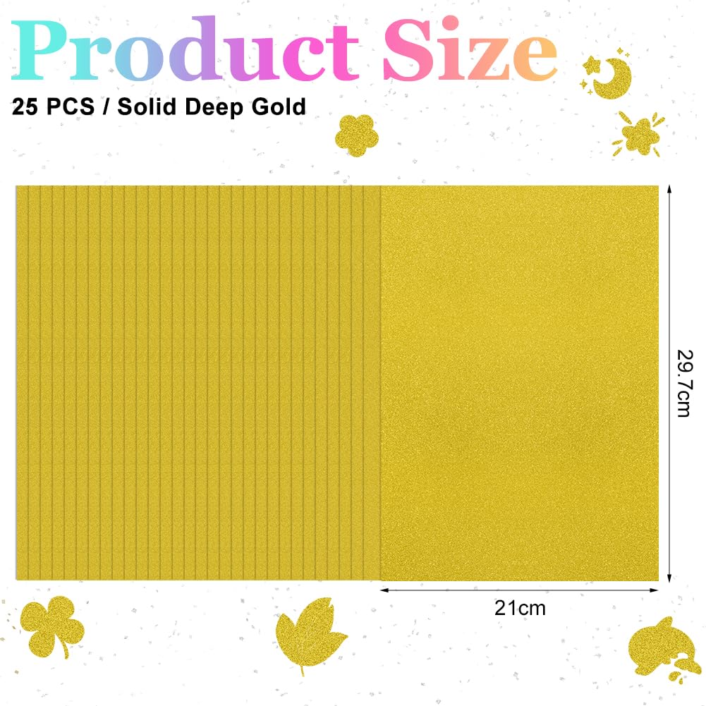 Zestaw 25 arkuszy papieru brokatowego w formacie A4, kolorowe arkusze A4, złoto, 250 g/m², blok kolorowego papieru do scrapbookingu, albumów fotograficznych, świątecznych dekoracji i projektów
