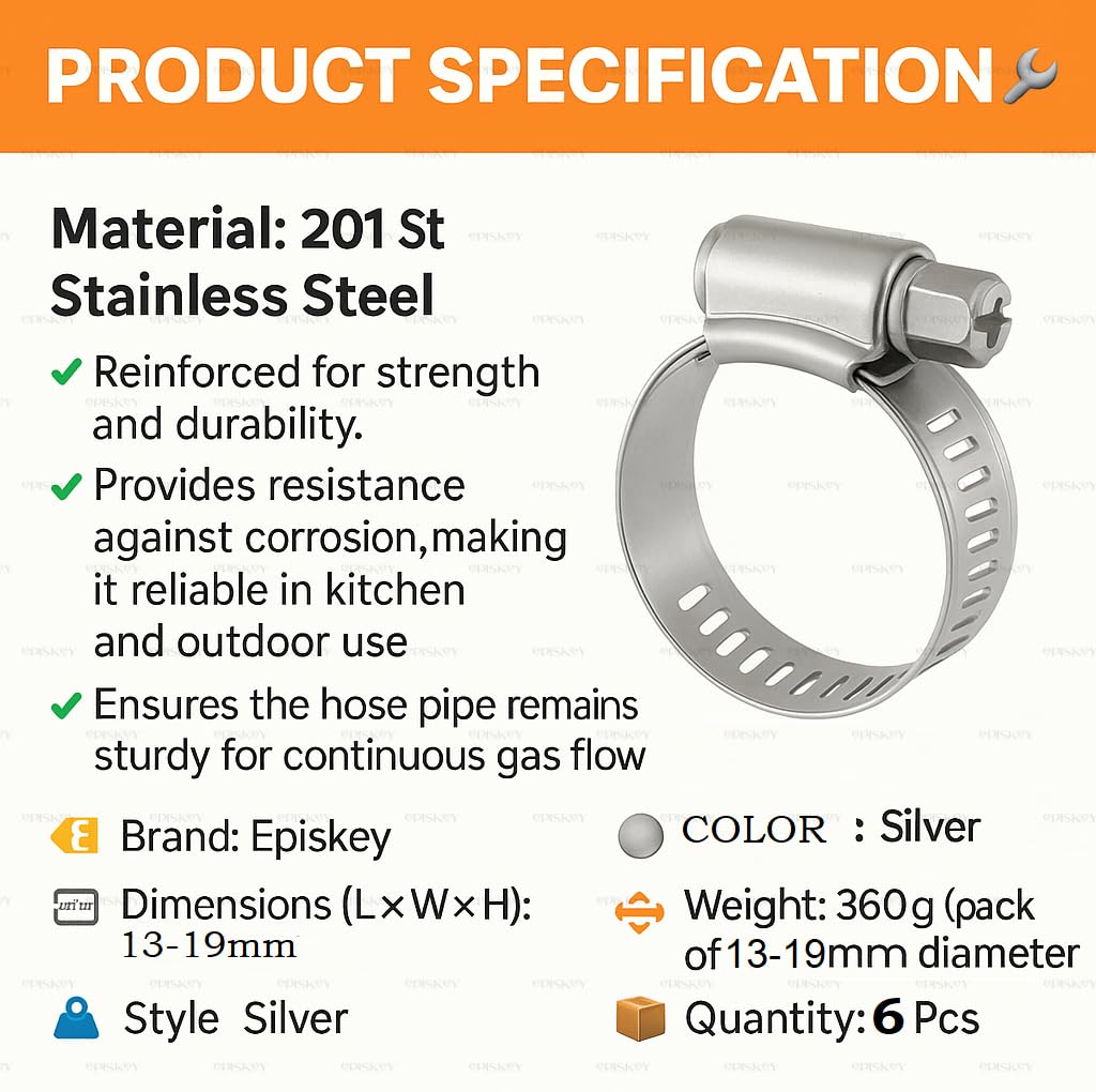 EPISKEY® Stainless Steel 5 Pcs Adjustable Hose Pipe Clips Spring Clamp 13-19mm. | Safety Clips (Stainless Steel, Clamp 5 Pcs)