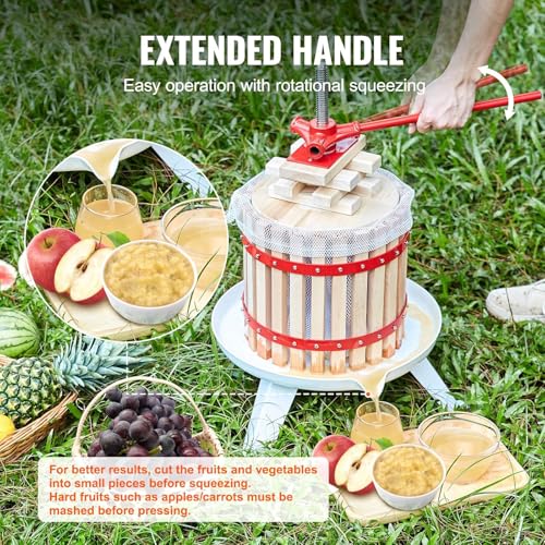 Presse à fruits manuelle avec pieds en acier robuste - Facile à utiliser - Avec filtre et bois massif pour vin et jus - Idéal pour les magasins de jus