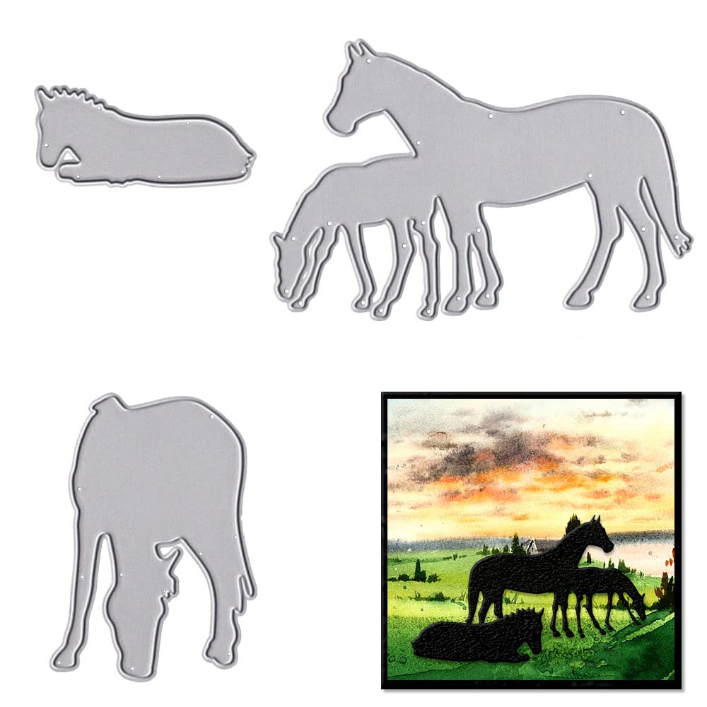 Metal Four Horses Eat Grass Cutting Dies,4PCS Horses Die Cuts Embossing Stencils Template Mould for Card Scrapbooking and DIY Craft