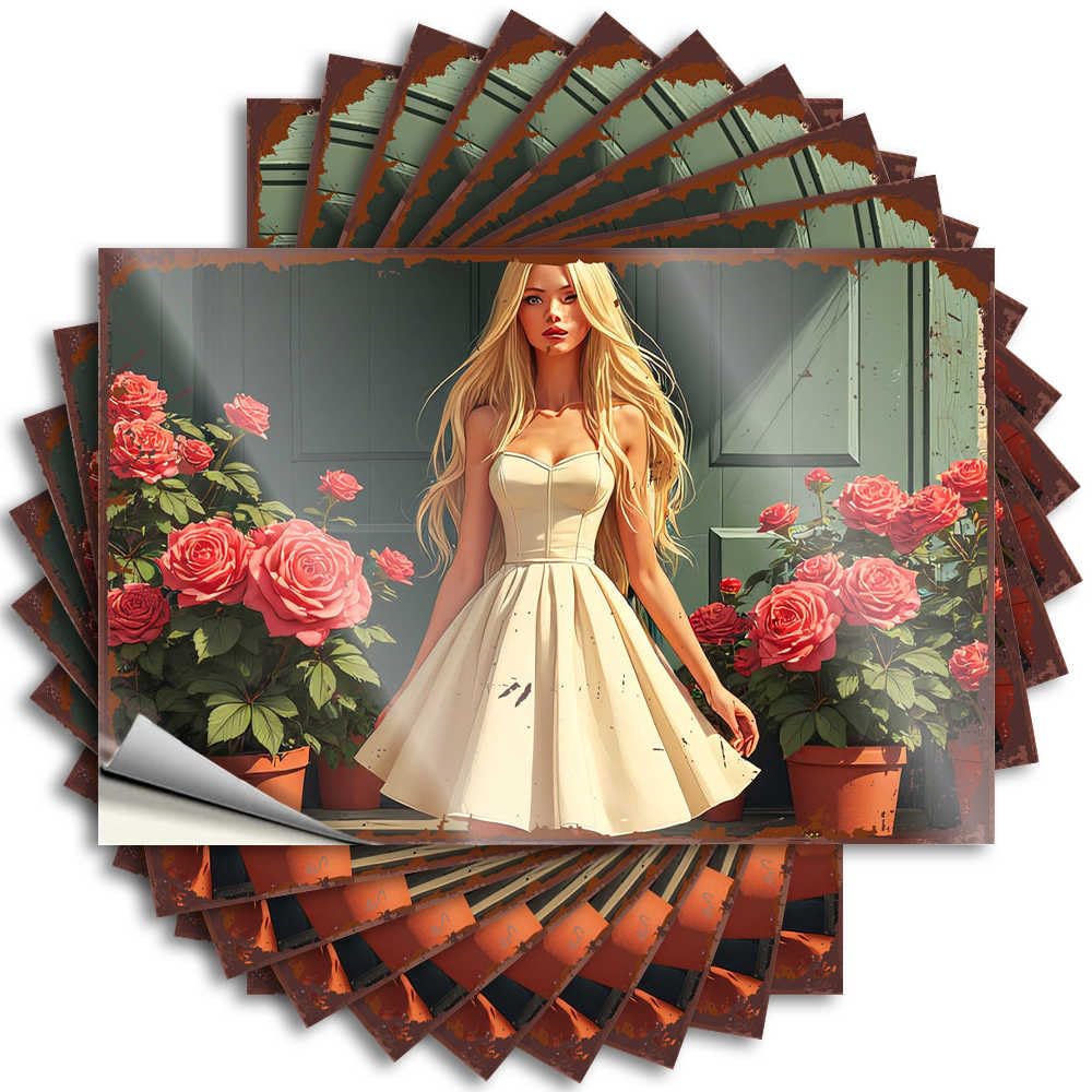 Blonde in Cream Dress Amidst Vibrant Rose Garden Room Stuff Tall - Sticker Hat Waterproof Decal(6X9CM)
