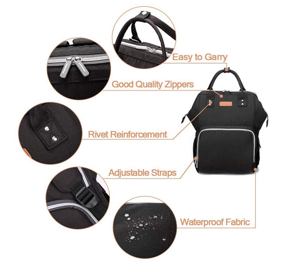 Mochilas para Pañales Biberones,Bolso del Bebé Mamá,Impermeable con Estilo Oxford Bolso Pañal de Gran Capacidad, con Portátil Cambiador y 2 Piezas Ganchos Carrito Bebé