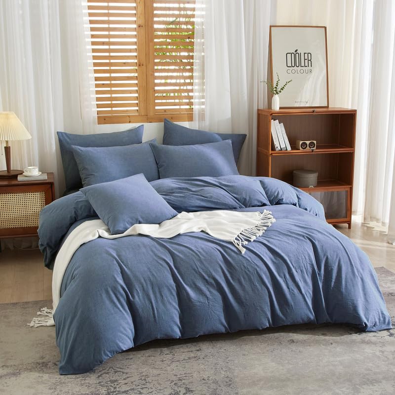 Gezu Housse de Couette Coton Lin 220x240 Bleu Parure de Lit 100% Naturel Lin Coton Doux Respirant Linge de Lit 2 Personnes avec Fermeture Éclair et Taies d'oreiller 65x65 cm