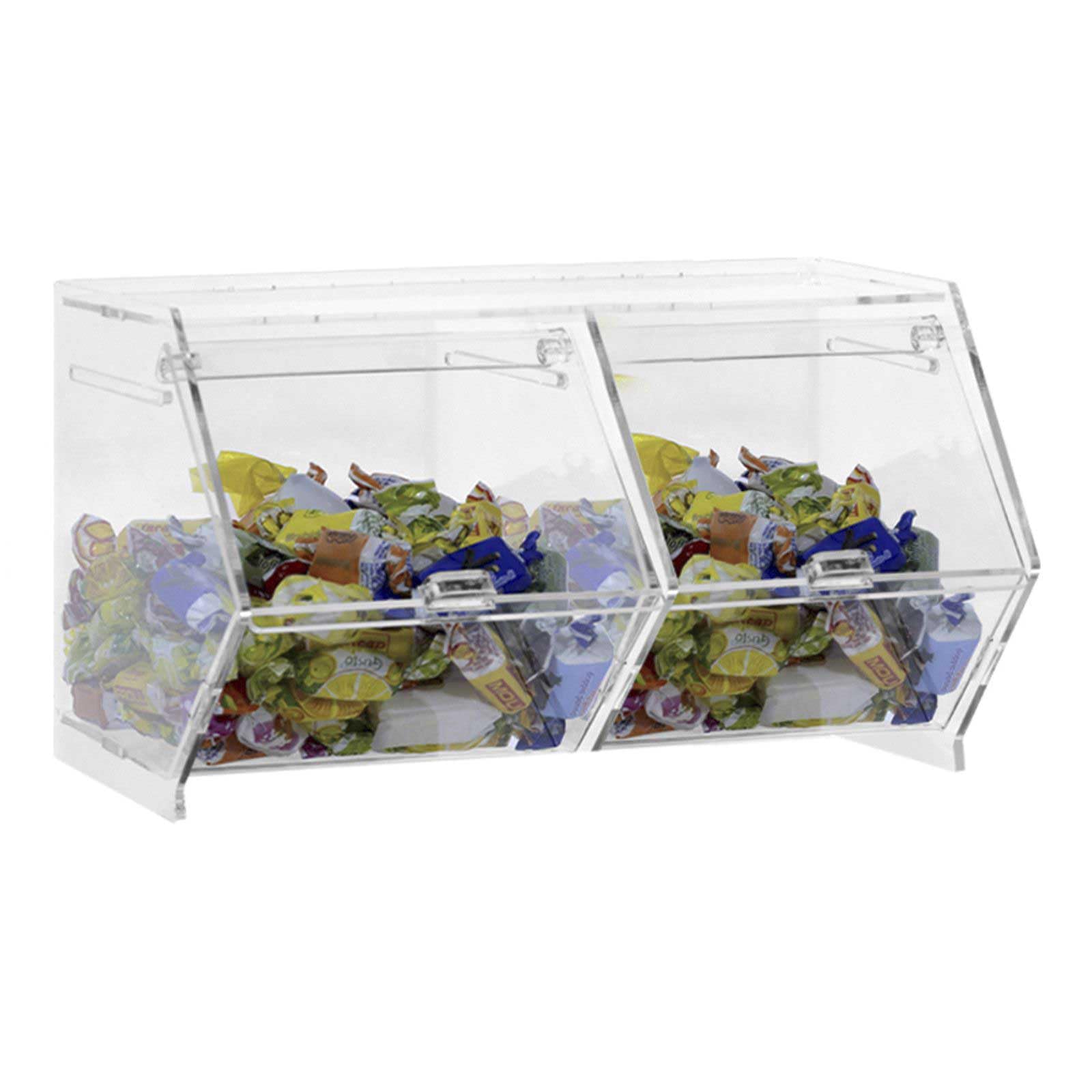 Porta caramelle confezionate da banco o da parete in plexiglass trasparente a 2 scomparti CON sportello a scomparsa - Misure totali: L 26 x P 18 x H 16 cm
