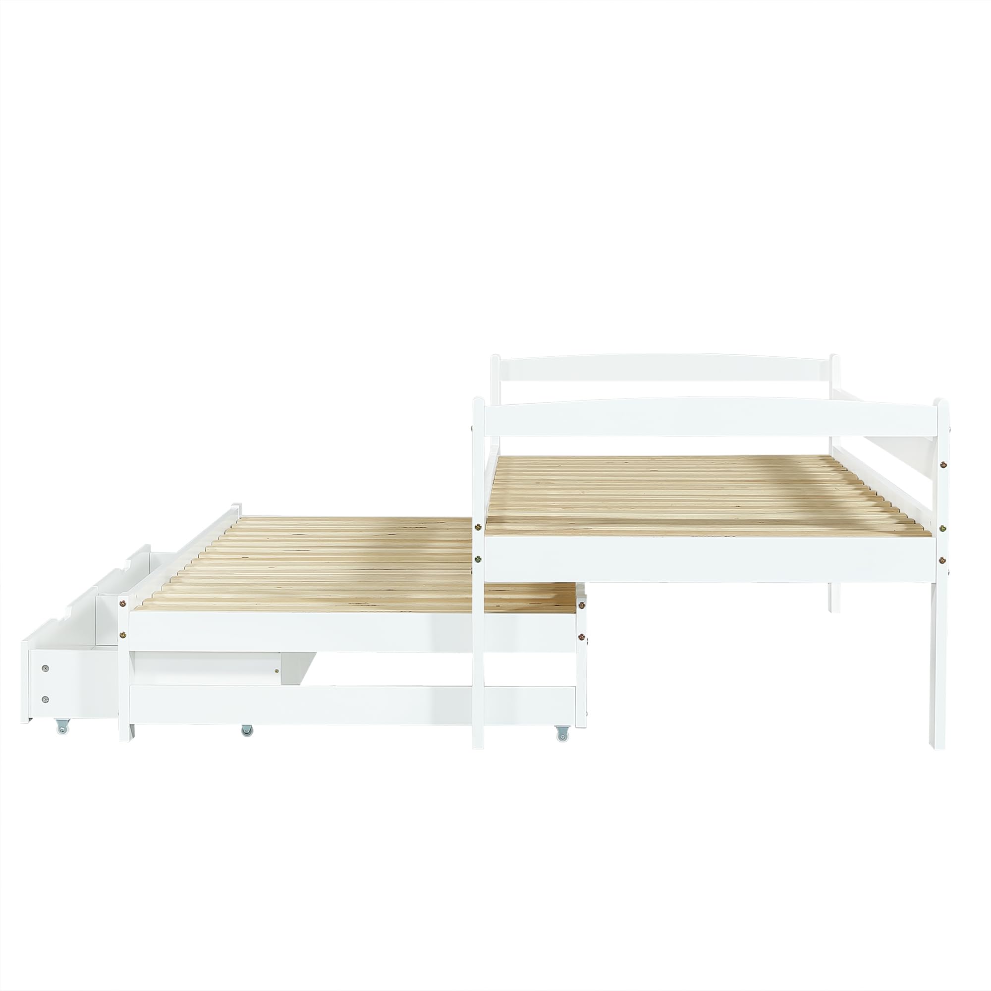 Merax Canapé-lit 90 x 200 cm, lit de jour, avec 2 tiroirs, lit fonctionnel, avec sommier à lattes, lit gigogne simple et double, cadre en bois massif, pour filles et garçons, blanc