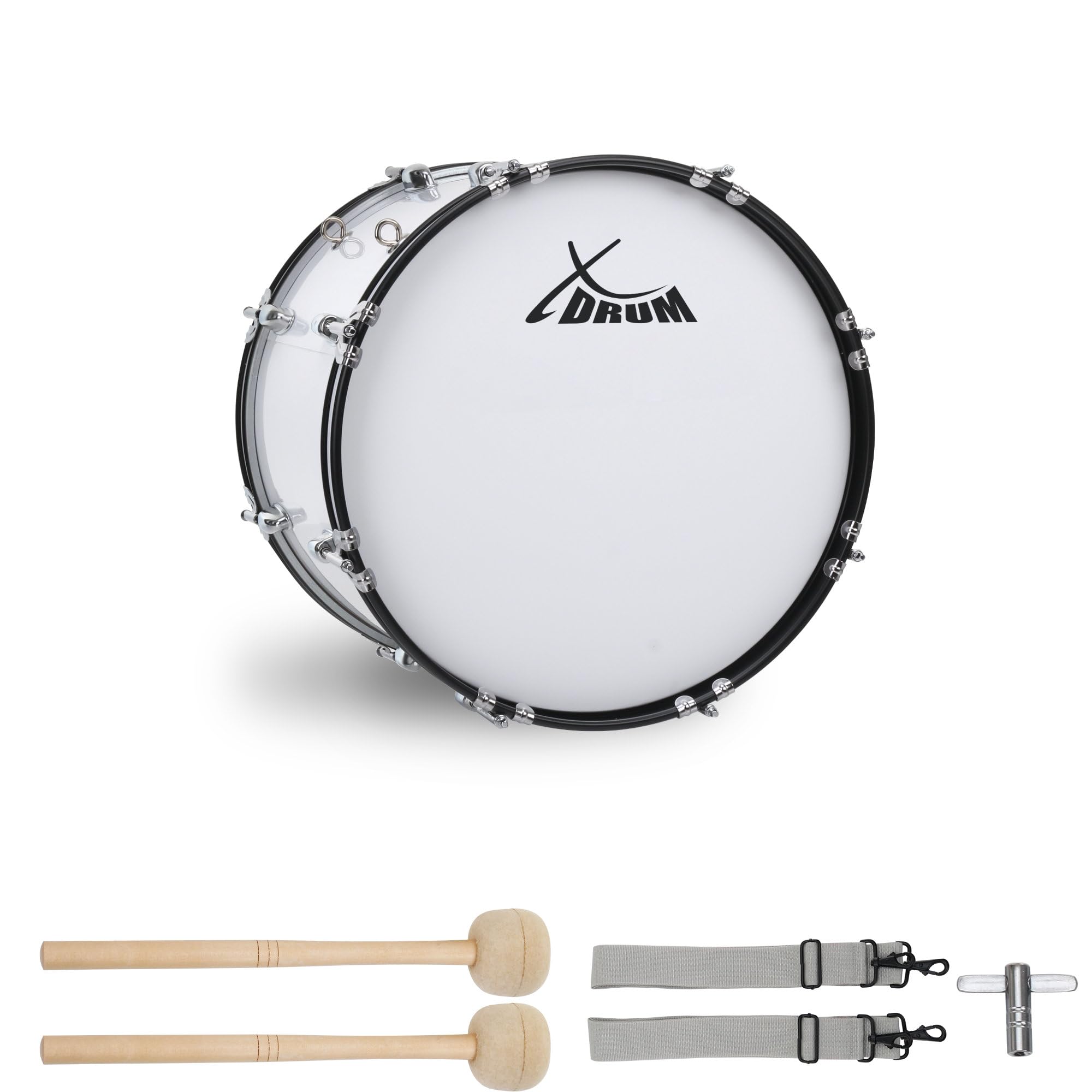 XDrum MBD-218 grancassa da marcia 18"x12" - 6,5 kg - 4 anelli di trasporto - 8 viti di tensione per lato - inclusi mazzuoli, cinghie e chiave di accordatura - bianco