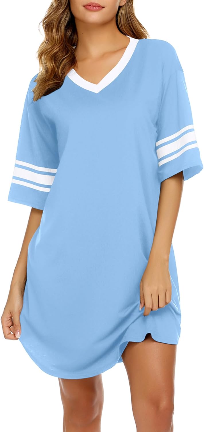 Ekouaer Nightgowns for Women Bamboo Viscose Nightgown Short Sleeve Sleep Shirts V Neck Nightshirt Soft Sleepwear