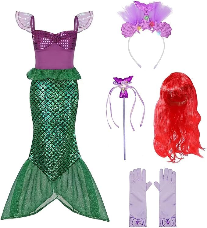 ZUCOS Disfraz de princesa de sirena para niñas, cumpleaños, Halloween, carnaval, fiesta, cosplay, juego de peluca y diadema iluminada