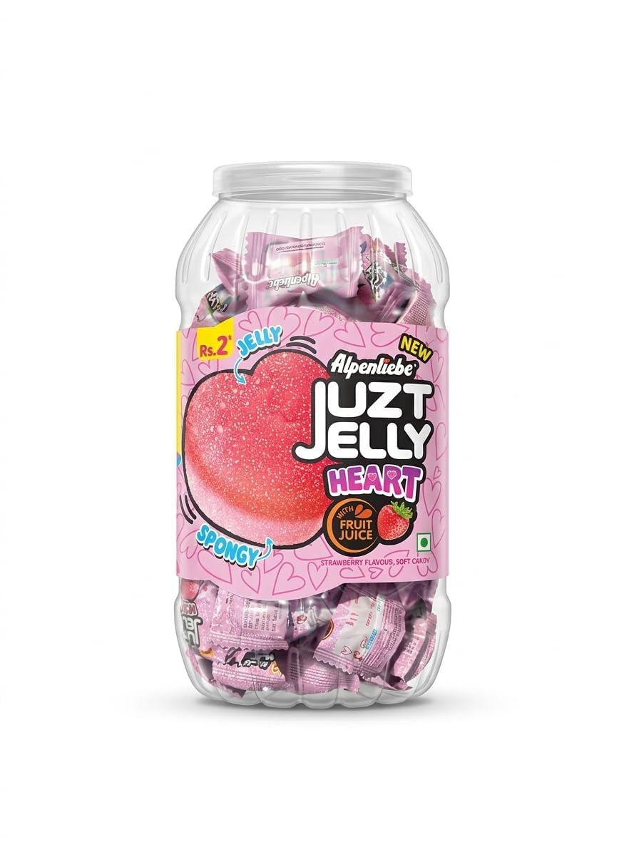 Alpenliebe Juzt Jelly Heart Strawberry Flavour Soft Candy with Fruit Juice, Spongy Jelly Texture, Heart Shape, Jar Pack-image-19