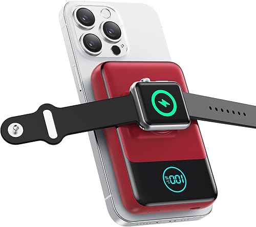 Miniatura 13 de Cargador portátil magnético para iPhone, Banco de energía inalámbrico Qi2 de 10800mAh y 15W con cargador para iWatch, Paquete de batería de viaje