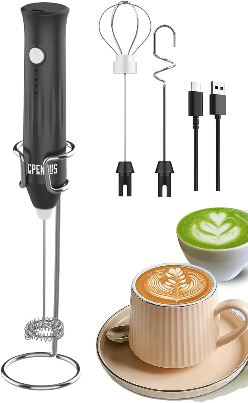 CPENSUS Coffee frother Electric with 3 Whisker & Stand 3-Speed Adjustable 1100mAh Battery Milk Blender Beater Handheld Foam Maker Mixer Gift 11000 RPM Lattes Cappuccino (4 in 1 Black)