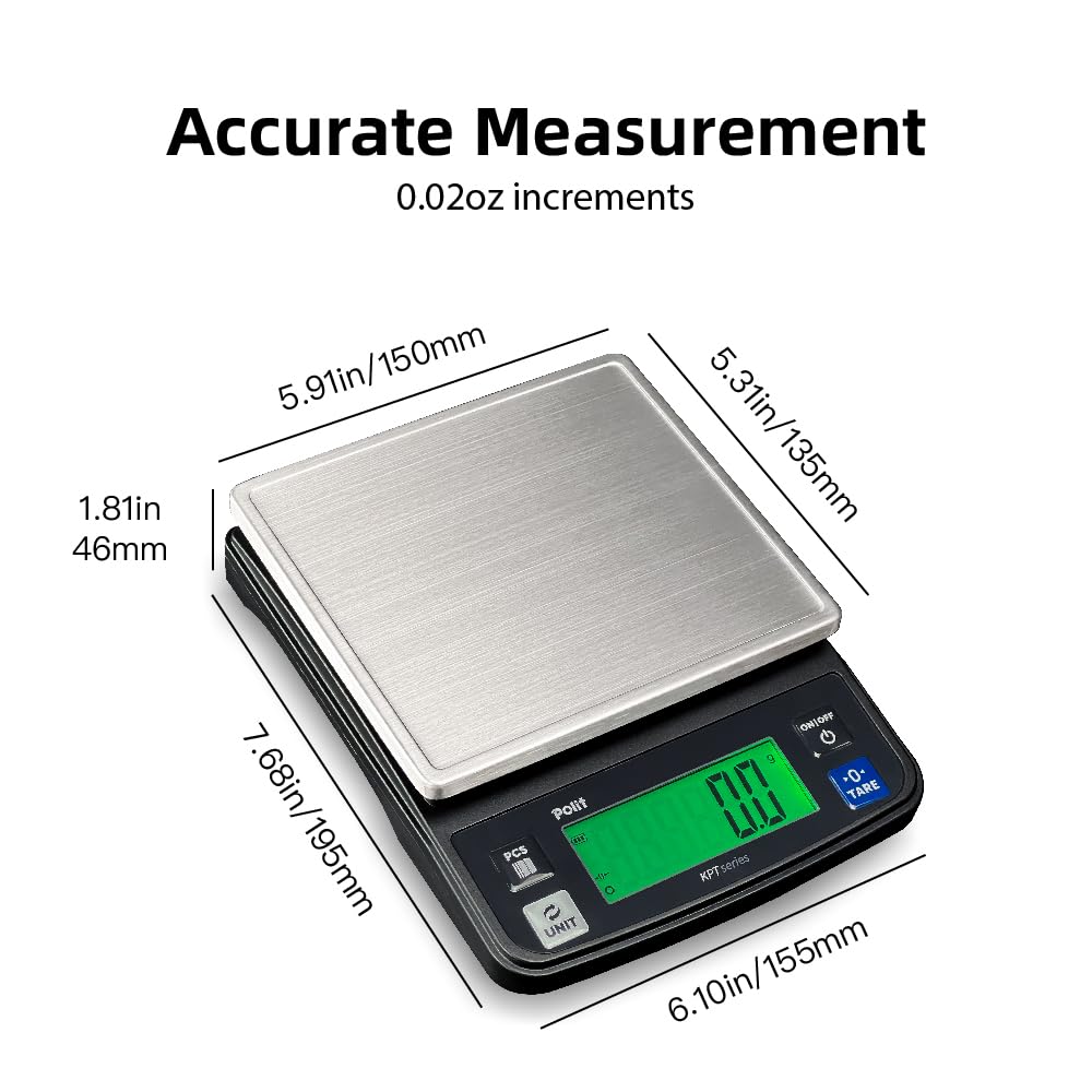 Polit KPT Digitale Küchenwaage, 0,5 g Präzision, Zählmodus, 6 kg | Edelstahl-Tablett; Dual-Power; rutschfeste Gummifüße; zum Kochen, Backen, Mahlzeitvorbereitung, Saatgut- und Hardware-Wiegen