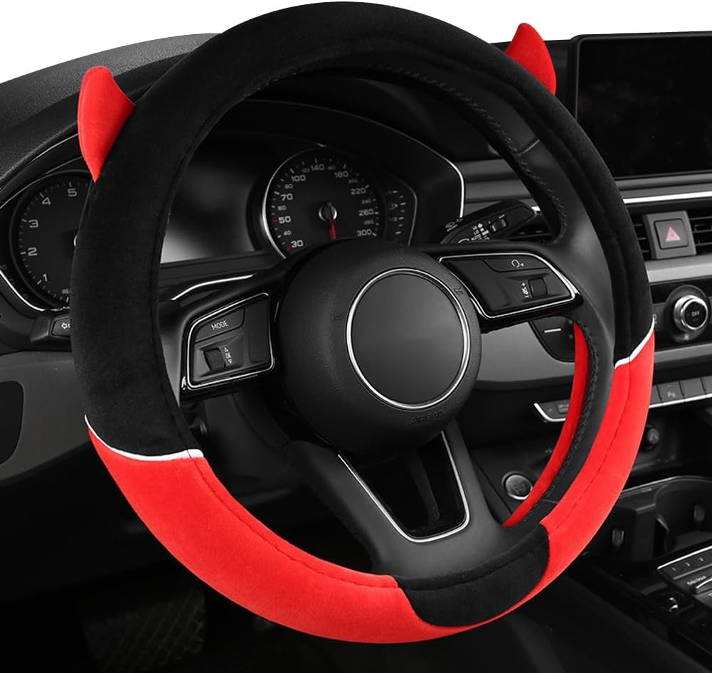 Cute Devil Car Steering Wheel Cover Non-Slip Plush Steering Wheel Covers Protector for Women Girls, Car Interior Accessories, Universal Fit 15 Inch, Red