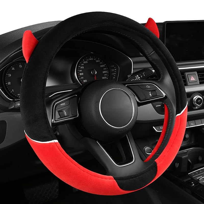 Capa para Volante com Pelúcia e Chifres de Diabinho, Antiderrapante, Vermelha, MissSoul, 37–38 cm