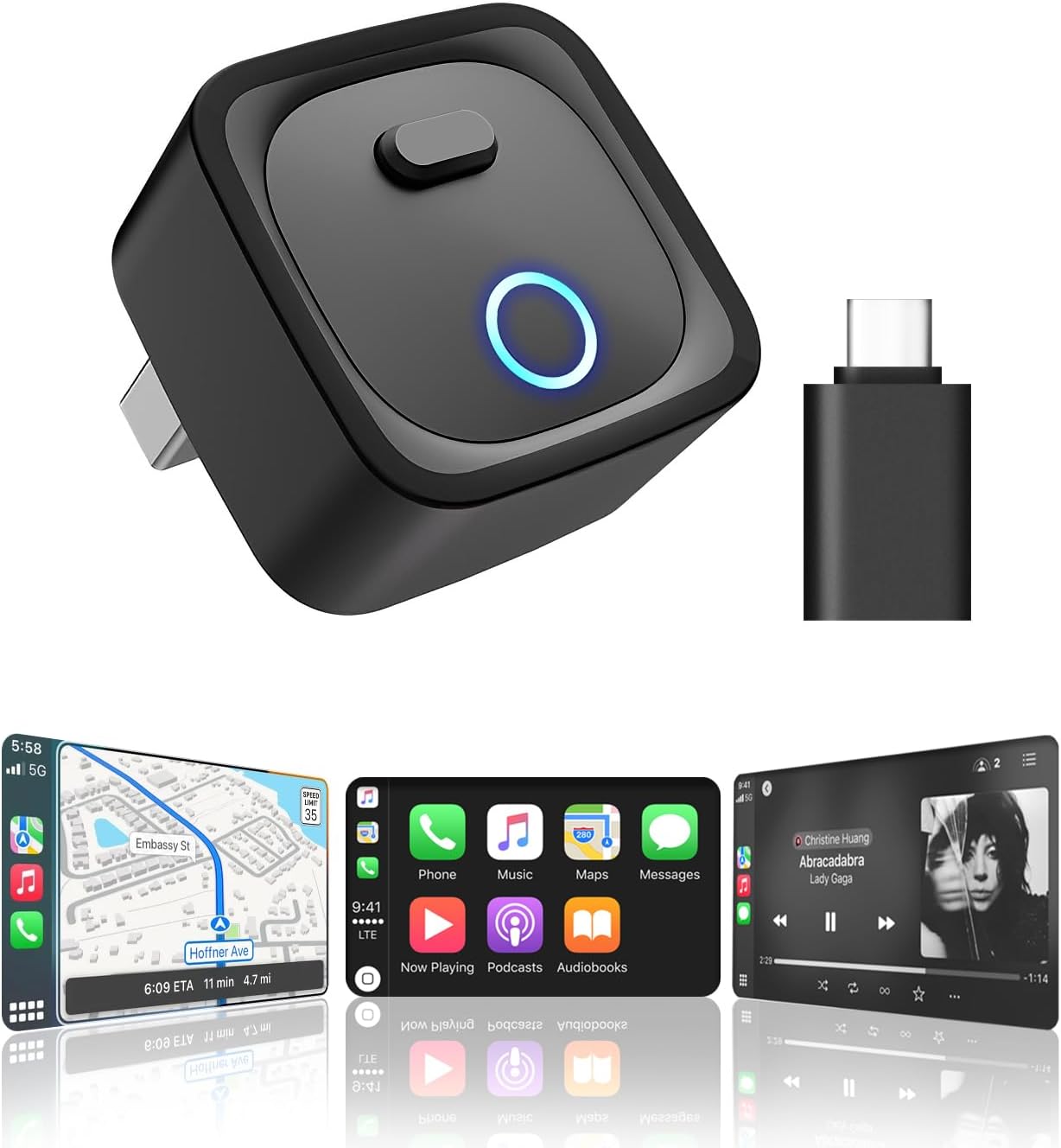 Holdsound Wireless CarPlay Adapter, Plug & Play Fast Connection, Universal for Cars with Factory Wired CarPlay/Android Auto (2016+ Model), iOS 10+/Android 11+(Carbon Black)