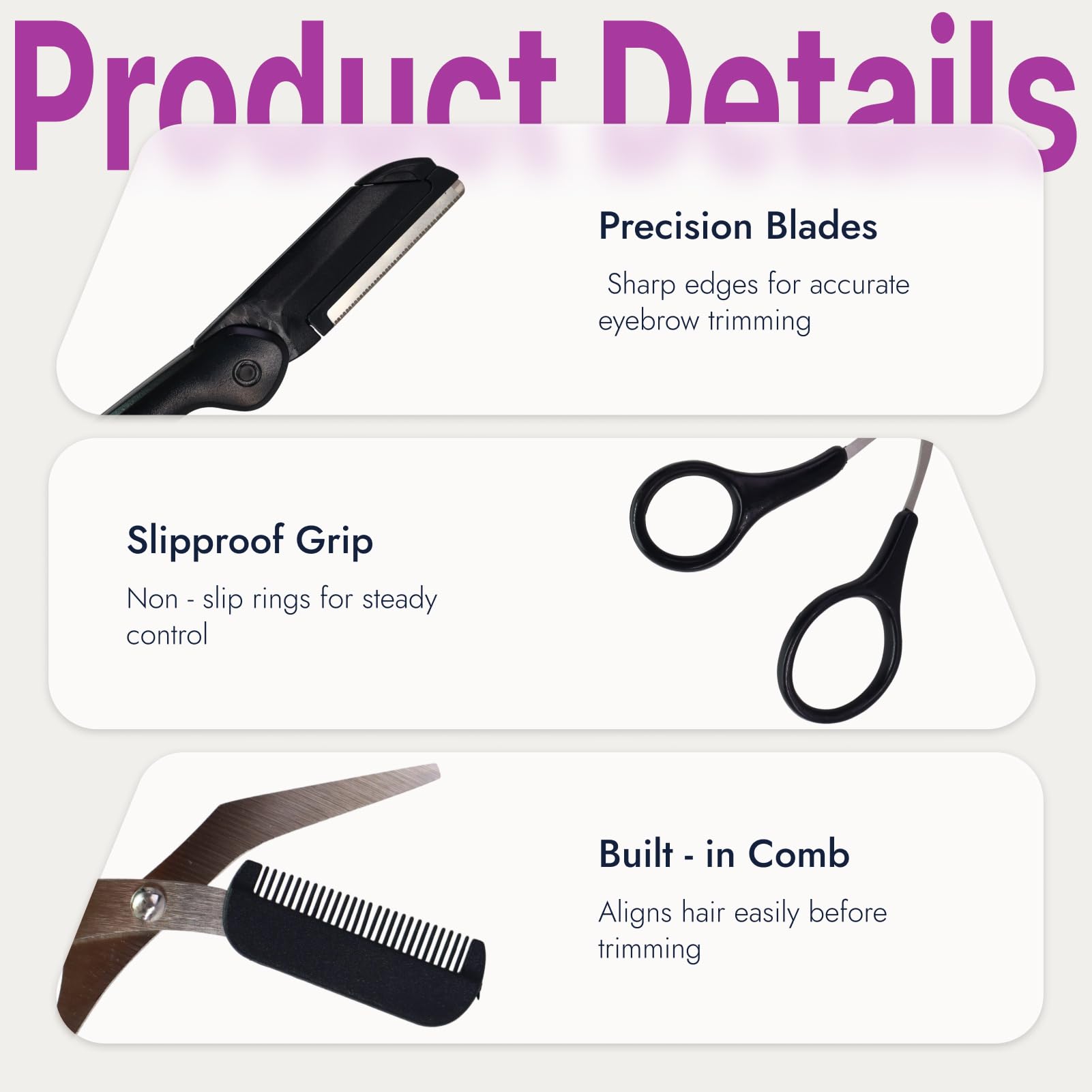 Ciseaux Sourcils Professionnels de Précision pour Femme et Homme, Ciseaux Sourcil Femme avec Anneaux Antidérapants et Peigne, Tondeuse Sourcil et Outil de Mise en Forme pour Épilation Facile