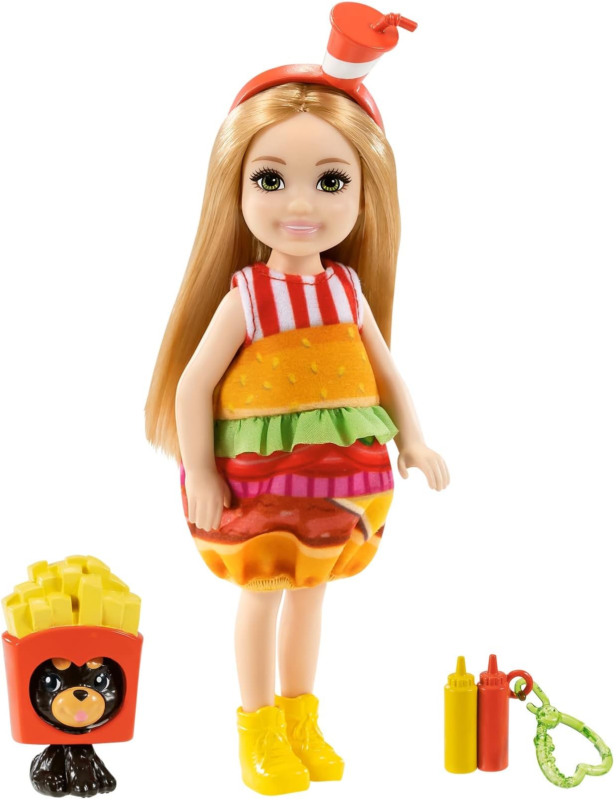 Barbieยฎ Club Chelseaโข Dress-Up Doll (6-inch Blonde) in Burger Costume with Pet and Accessories, Gift for 3 to 7 Year Olds