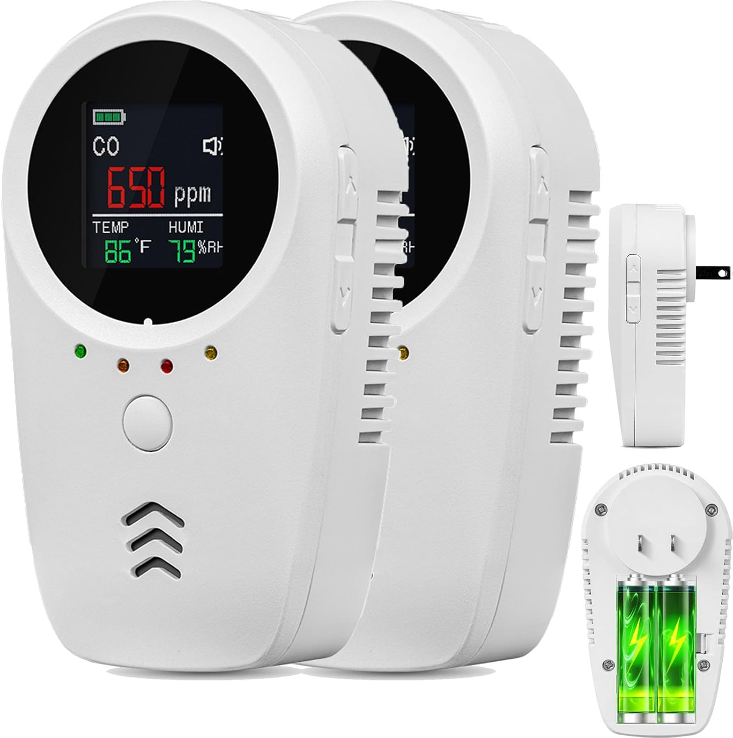 5-in-1 Plug in Co Leak Monitors Propane Monitor for Home Travel RV Essentials, 2 Pack, with Temperature/Humidity LCD Display & 2000mAh Lithium-ion Battery