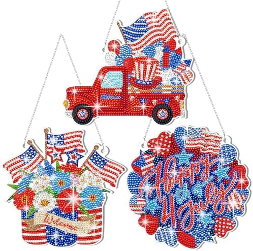 Yousoontic 3 Pcs 4th of July Patriotic Door Decorations DIY Independence Day Diamond Painting Hanging Sign 4th of July Door Hanger Set Diamond Art Welcome Sign for Home Wall Front Door Party Supplies