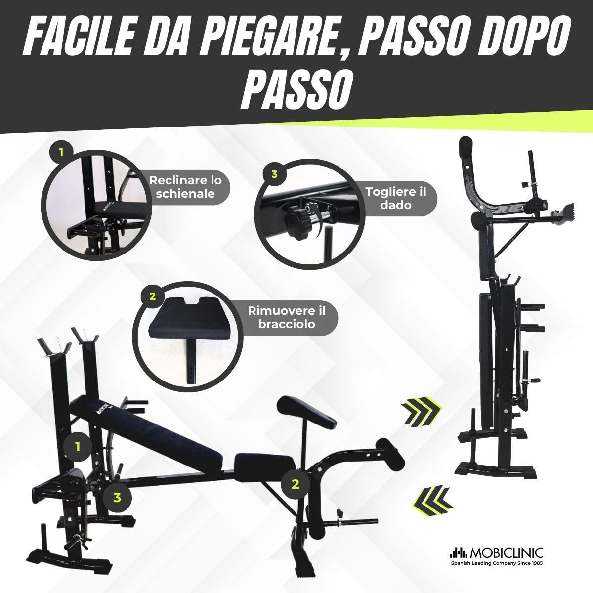 Mobiclinic® fitness, Panca palestra multifunzione, Pressfit, Regolabile, Pieghevole, Acciaio, Supporta fino a 250 kg, Supporto per barre, Ideale esercizi di forza casa