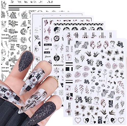 Flowers Nail Art Stickers, Holographic Black Flower Leaf Butterfly Nail Art Decals, 3D Floral Self-Adhesive Sticker Design Supplies for Women Manicure Decorations, Blossom Resin Nail Transfer Decal