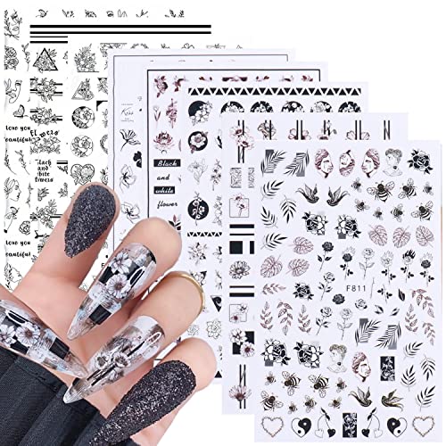 Flowers Nail Art Stickers, Holographic Black Flower Leaf Butterfly Nail Art Decals, 3D Floral Self-Adhesive Sticker Design Supplies For Women Manicure Decorations, Blossom Resin Nail Transfer Decal #TOP16