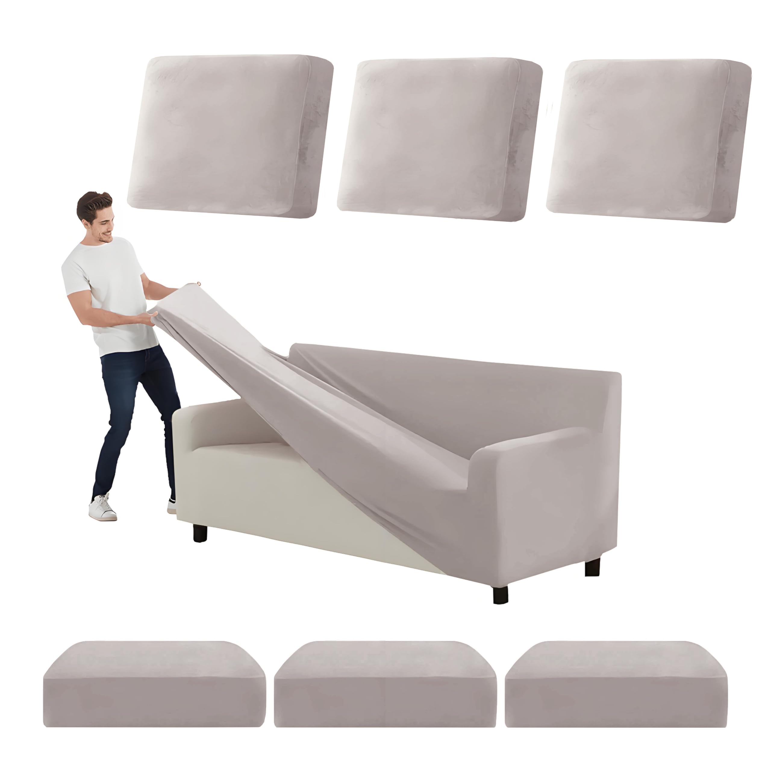 SYLC Stretch Ektorp Sofa Cover, Velvet Sofa Covers 1/2/3/4 Seater with Seat Cover and Back Cover, Non-slip Settee Covers Well-fitted (light grey,XL 185-235cm 7pcs)